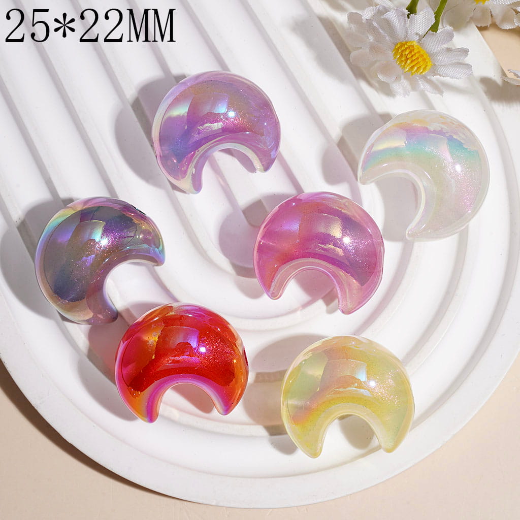 UV Coated Acrylic Beads Dreamy Style Crescent Shaped Moon with Glitter, 25*22MM Multicolor Random Mix