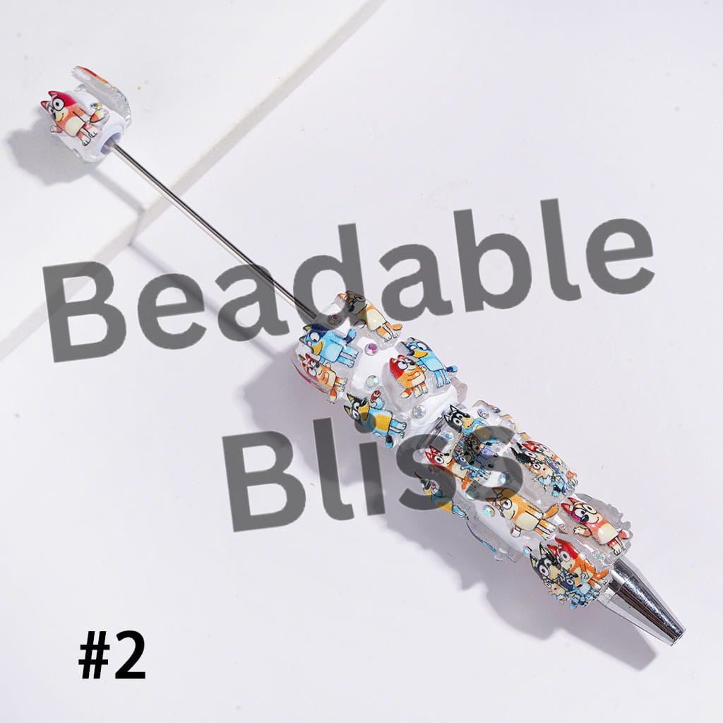 Beadable Clay Pens with Friendly Blue Dog Character in Family Series, AB Rhinestones & White Pearls, Black White