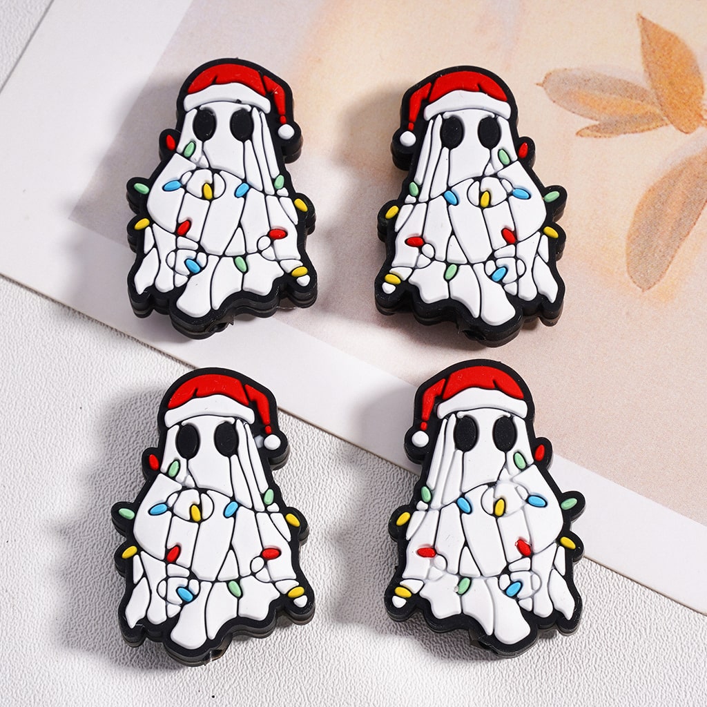Festive Cute Ghost Red Christmas Santa Hat & Colorful Lights Silicone Focal Beads