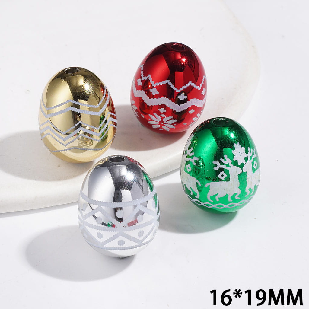 Christmas Theme Metallic Finish Egg-Shaped Acrylic Beads, 16*19MM, Multi-Color Random Mix