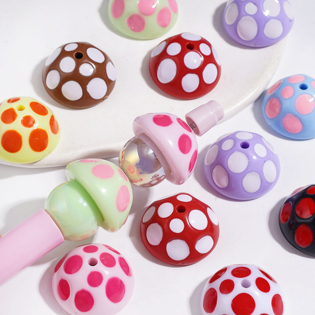 Mushroom Design Acrylic Beads with Polka Dots, 13*24MM, Multi-Color Random Mix