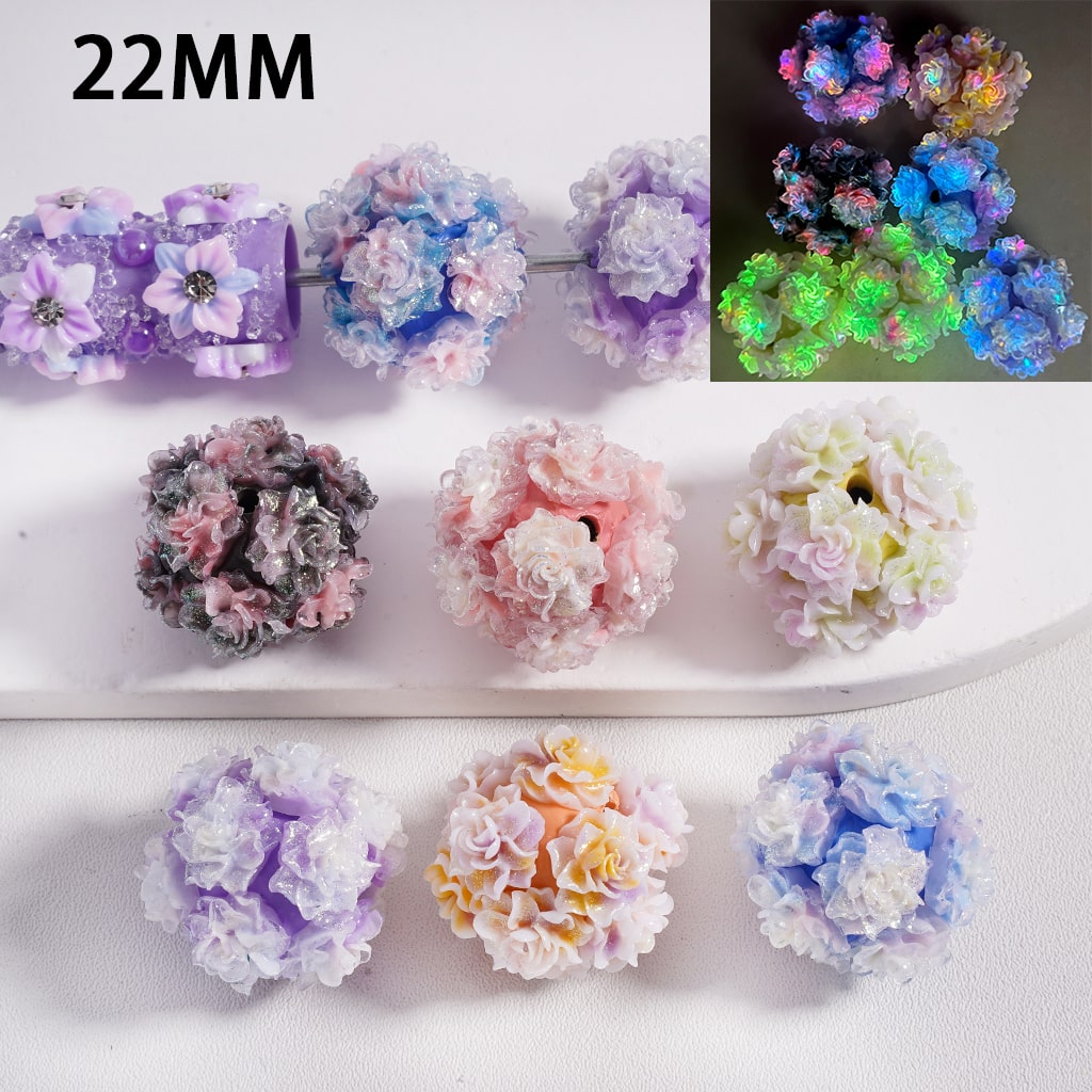 Luminous Glitter Rose Flower Clay Beads with White Pearls 22MM, Random Mix