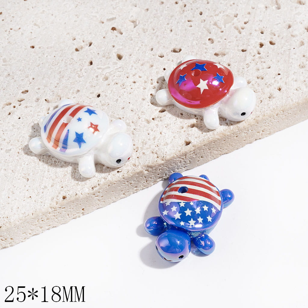 American Flag in Tortoise Shape Acrylic Beads UV Finish, 25*18MM Random Mix