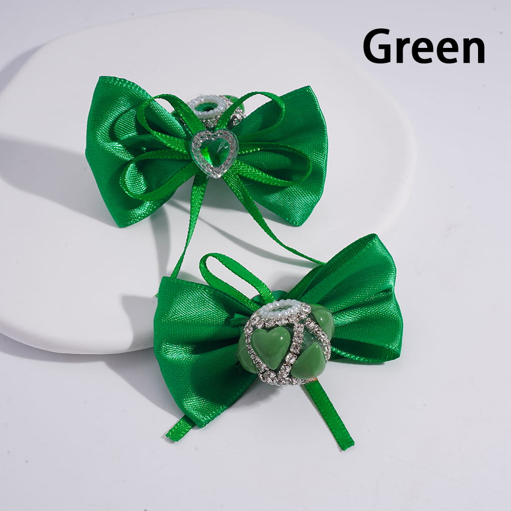 Fabric Bowtie with Heart Clear Rhinestone & White Pearl Chains, Handmade Acrylic Beads