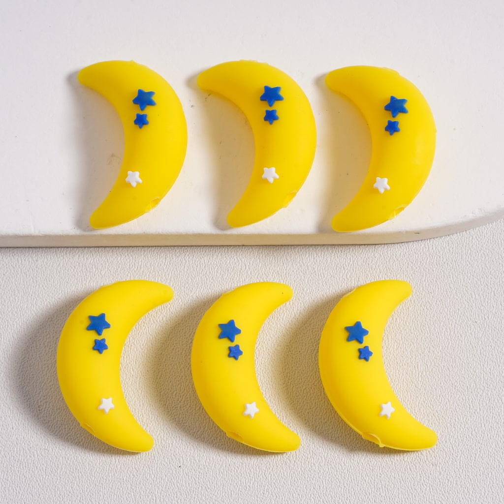 3D Yellow & Blue Crescent Moon with Mini Cute Stars Silicone Focal Beads