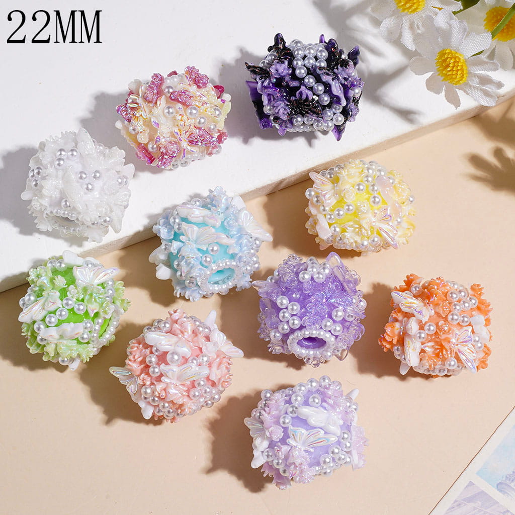 Rose Flower & Glitter Butterfly Wings Handmade Acrylic Beads, with White Pearls, 22MM, Multi-Color, Random Mix