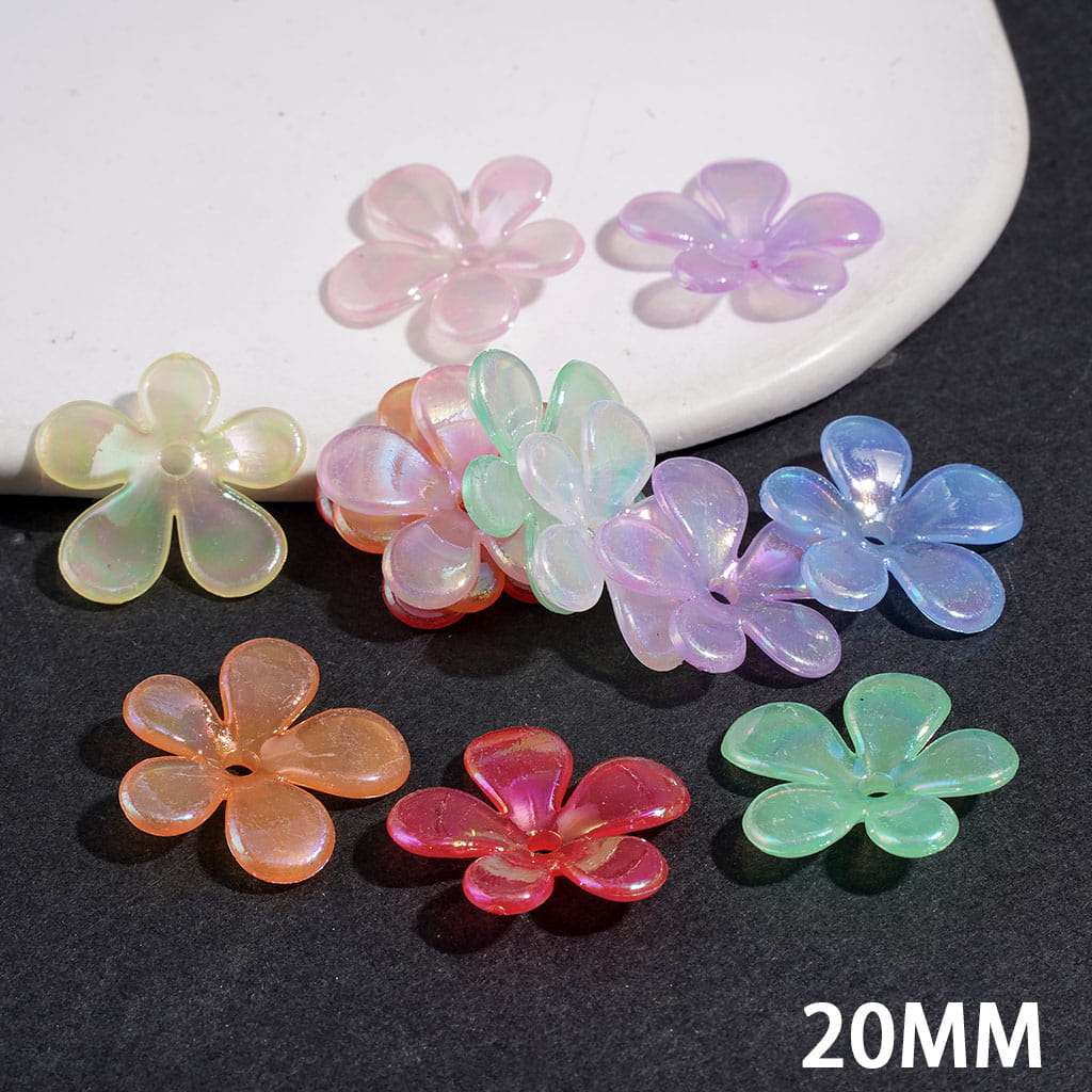UV-Coated Five Petaled Flower Acrylic Spacers Beads, 20MM, Multi-Color, Random Mix