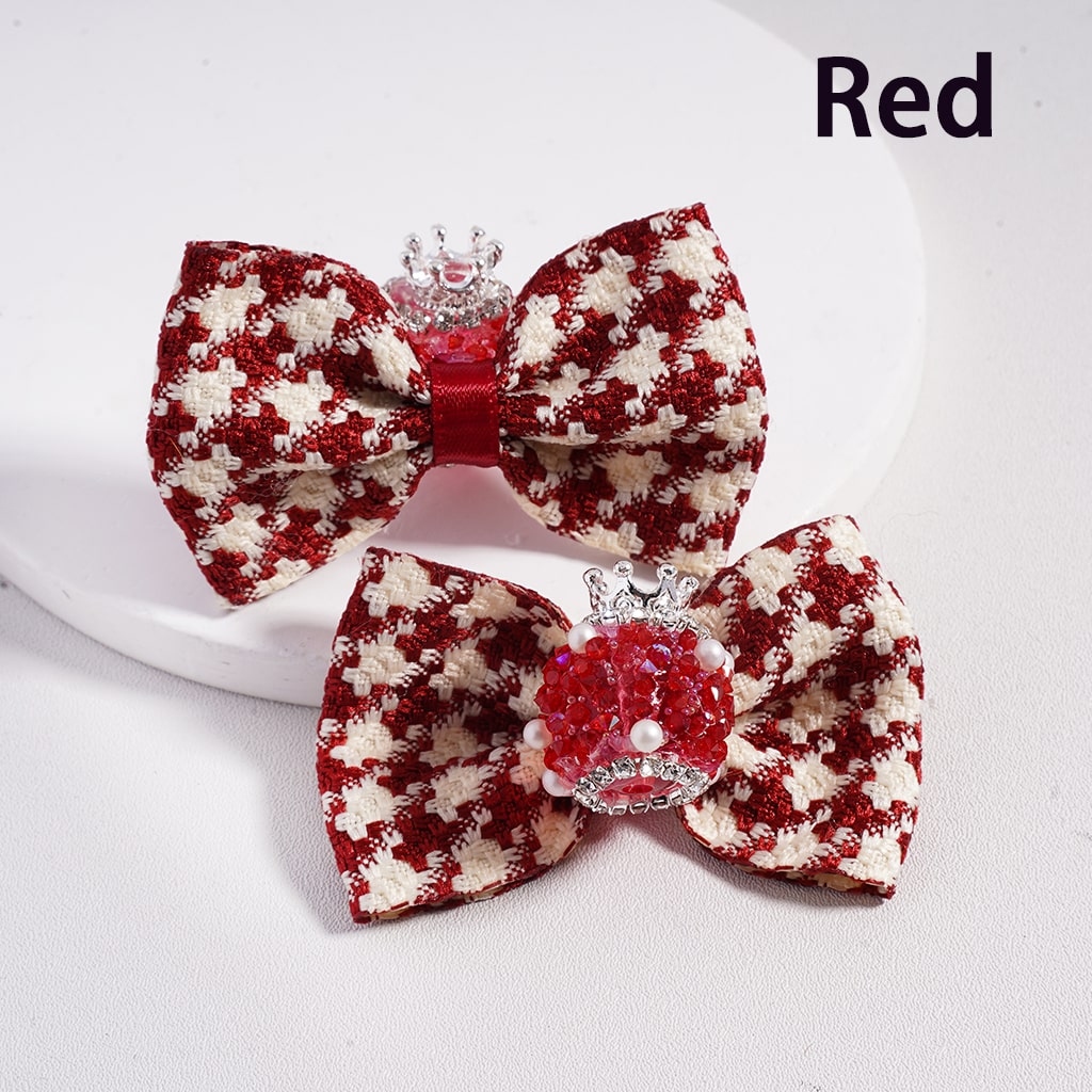 Double Color Fabric Bow with Silver Alloy Crown Rhinestones Chains & White Pearls Suagr Acrylic Beads