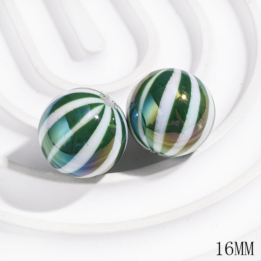 UV Finish Round Beads with Watermelon Stripes, Acrylic Beads for DIY Christmas Bracelets, 16MM, Multi-Color