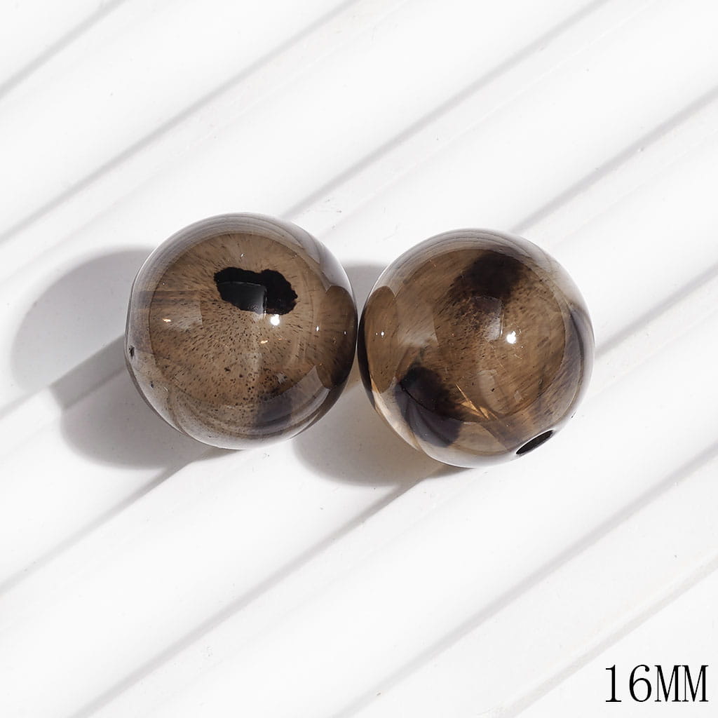 Semi-Clear Acrylic Beads for DIY Bracelets with White Abstract & Brown Spots, 16MM, Light Brown and Clear Gray
