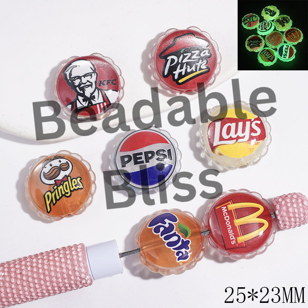 Cat Eye Style Luminous Acrylic Beads with Wavy Edge and Glitter, Fast Food & Soda Drink Series, 25*23MM, Random Mix