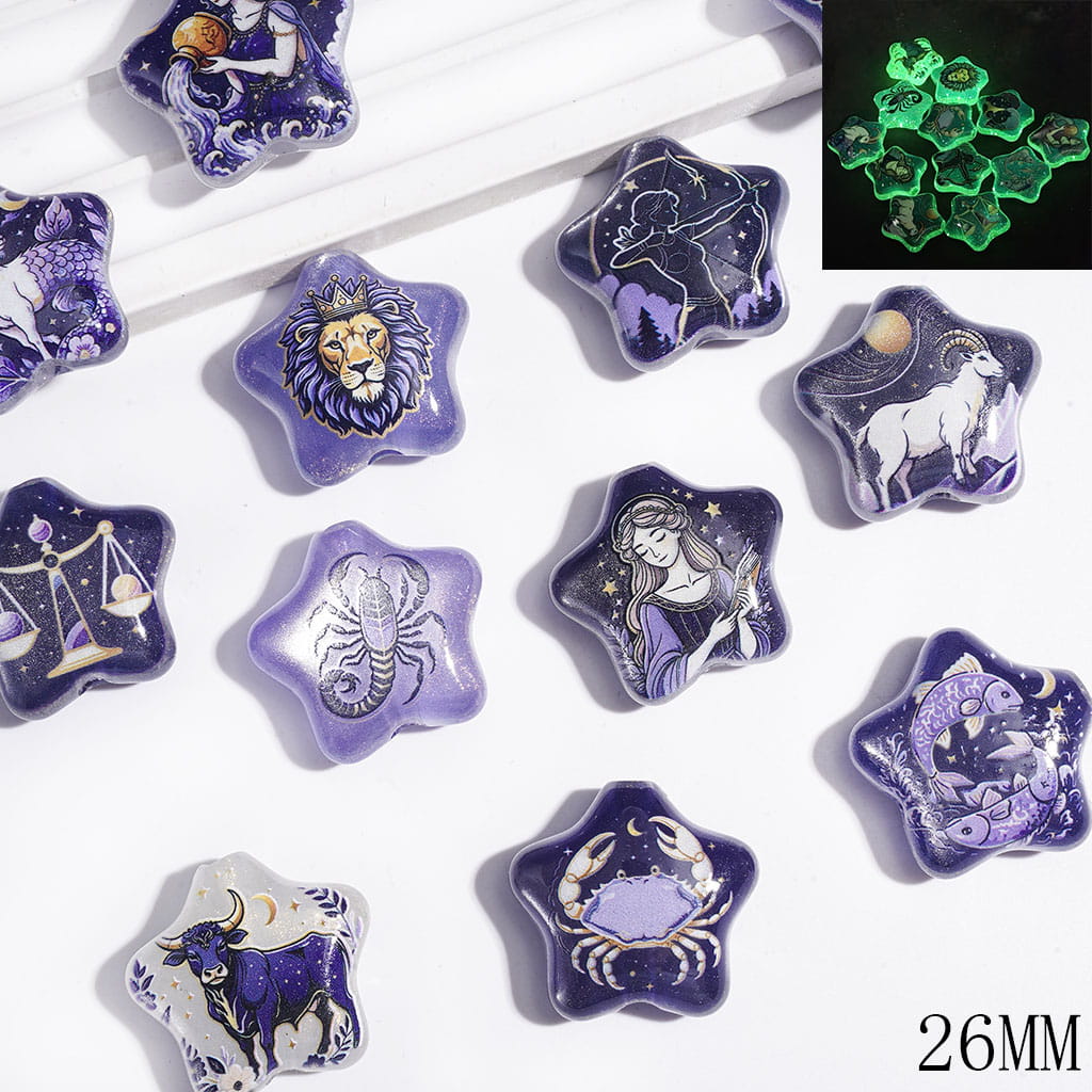 Acrylic Beads Cat Eye Style Luminous Star, Twelve Constellations Theme, 26MM, Blue Purple Series, Random Mix
