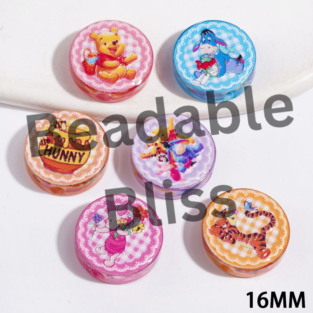 Cute Cartoon Animal Characters Bear Donkey Tiger Pig and Honey Jar Acrylic Beads, Flat Round Shape, 16MM Random Mix