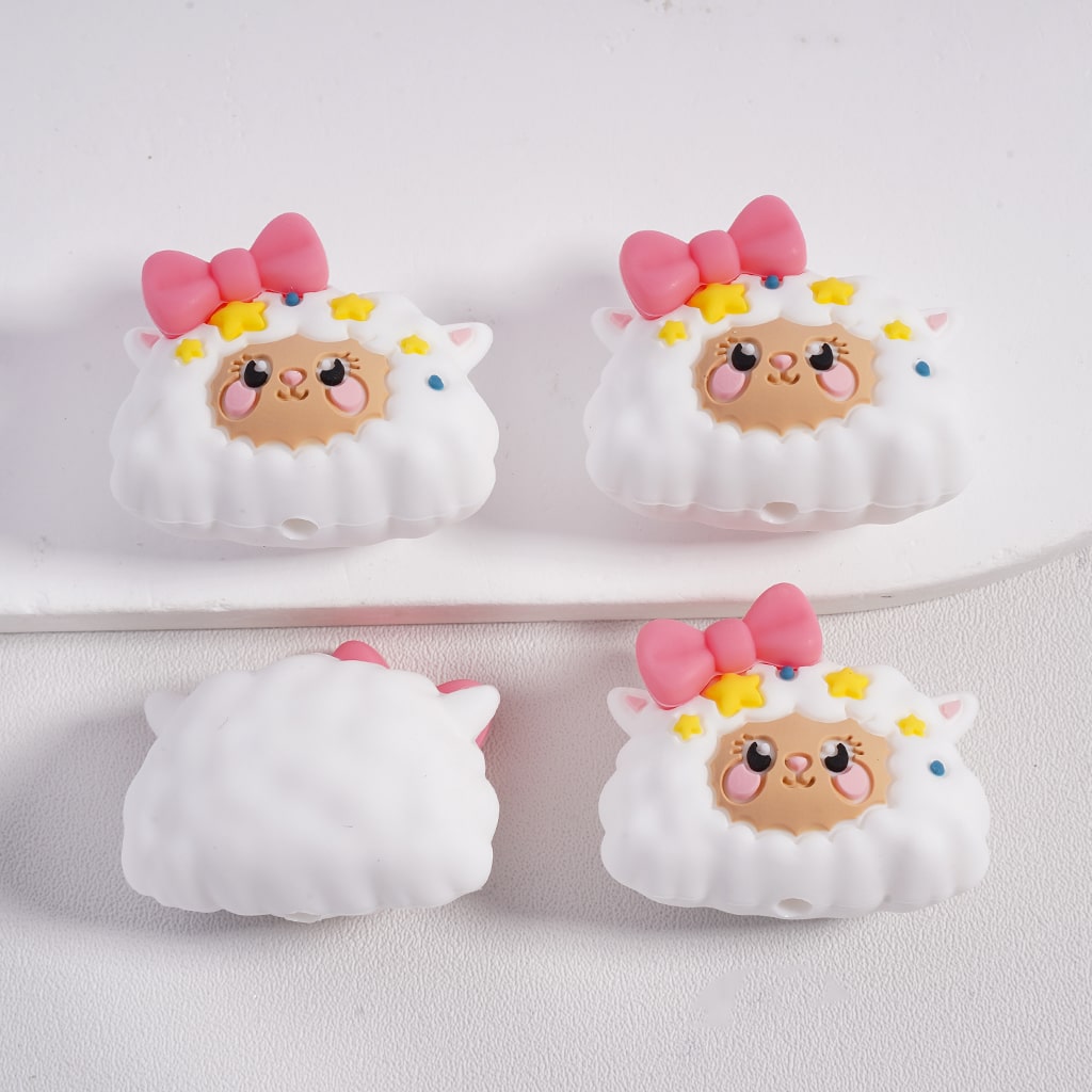 3D Cute Sheep Pink Bowtie & Yellow Stars Silicone Focal Beads