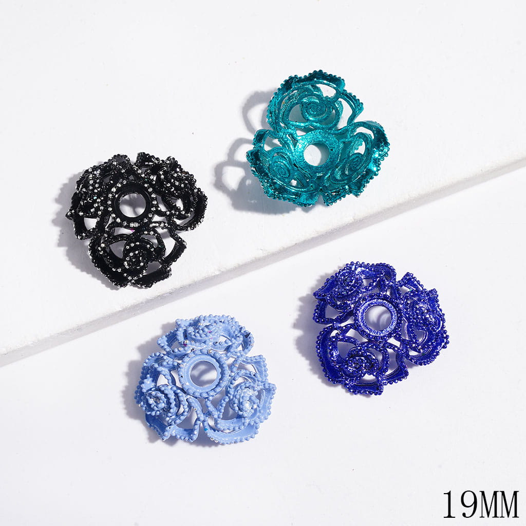 Metal Bead Cages with Three Camellia Flowers, Bead Cap, 19MM, Multi-Color, Random Mix (They Fit 16MM Beads)
