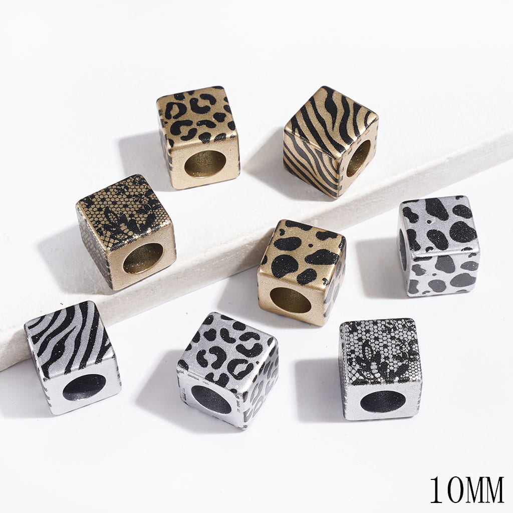 Silver & Gold Acrylic Beads with Black Leopard Prints, 10MM, Cube Square Shape, Big Hole Beads (The Hole Diameter is Around 6MM)
