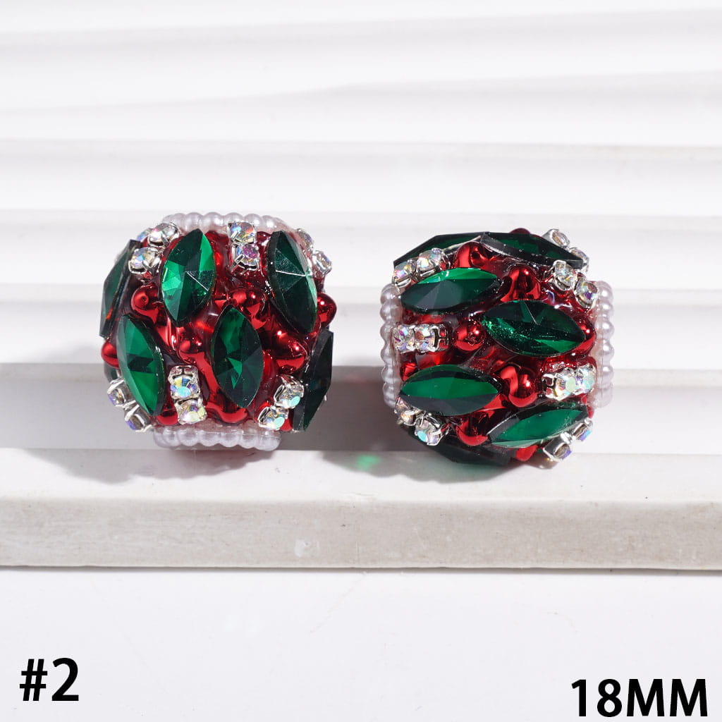 Festive Red and Green Marquise-Cut Rhinestone with Sparkling AB Rhinestone, White Pearl Chains, and Metallic Base Acrylic Beads, 18MM, Random Mix