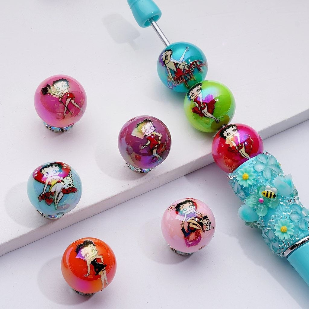 Old Girl Character Solid Color Round Design Glossy Acrylic Beads 16MM, Random Mix