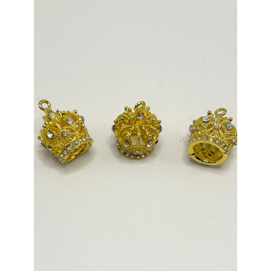 Large Gold Color Crown Pendant with Rhinestone, Metal, 17mm