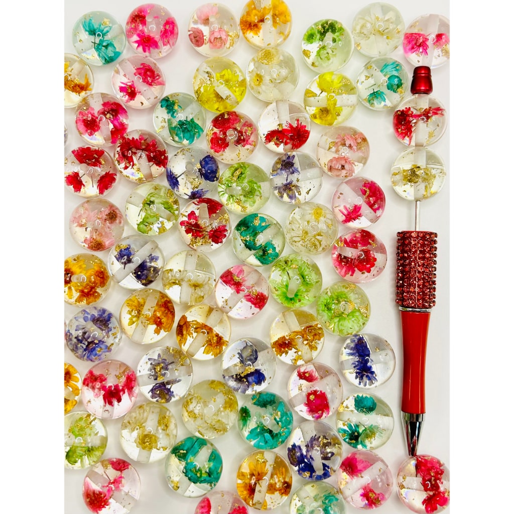 Cute Clear Flowers with Gold Confetti Inside, Acrylic Beads 20mm, Random Mix