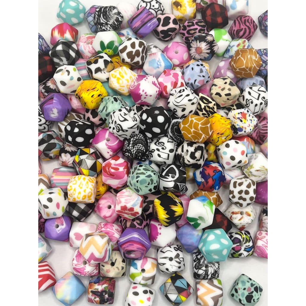 Hexagon Shaped Printed Silicone Beads Spacers, 14mm