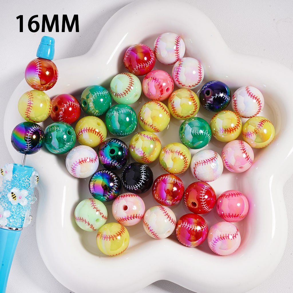 UV Coating Sports Baseball Acrylic Beads in Solid Colors, Random Mix, 16MM
