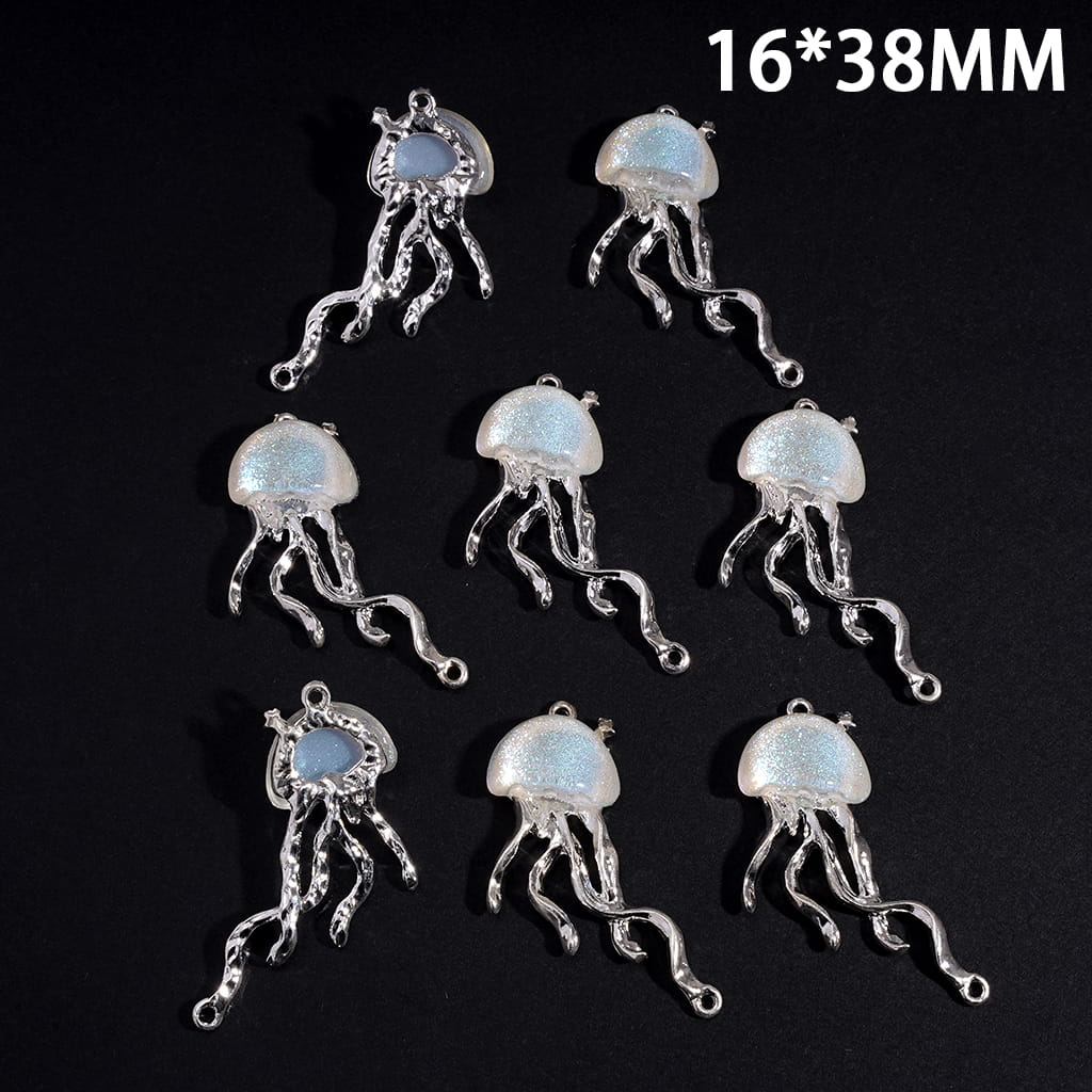 Silver Jellyfish Charm Pendant with Shiny Ocean Style Glitter Head 16*38mm