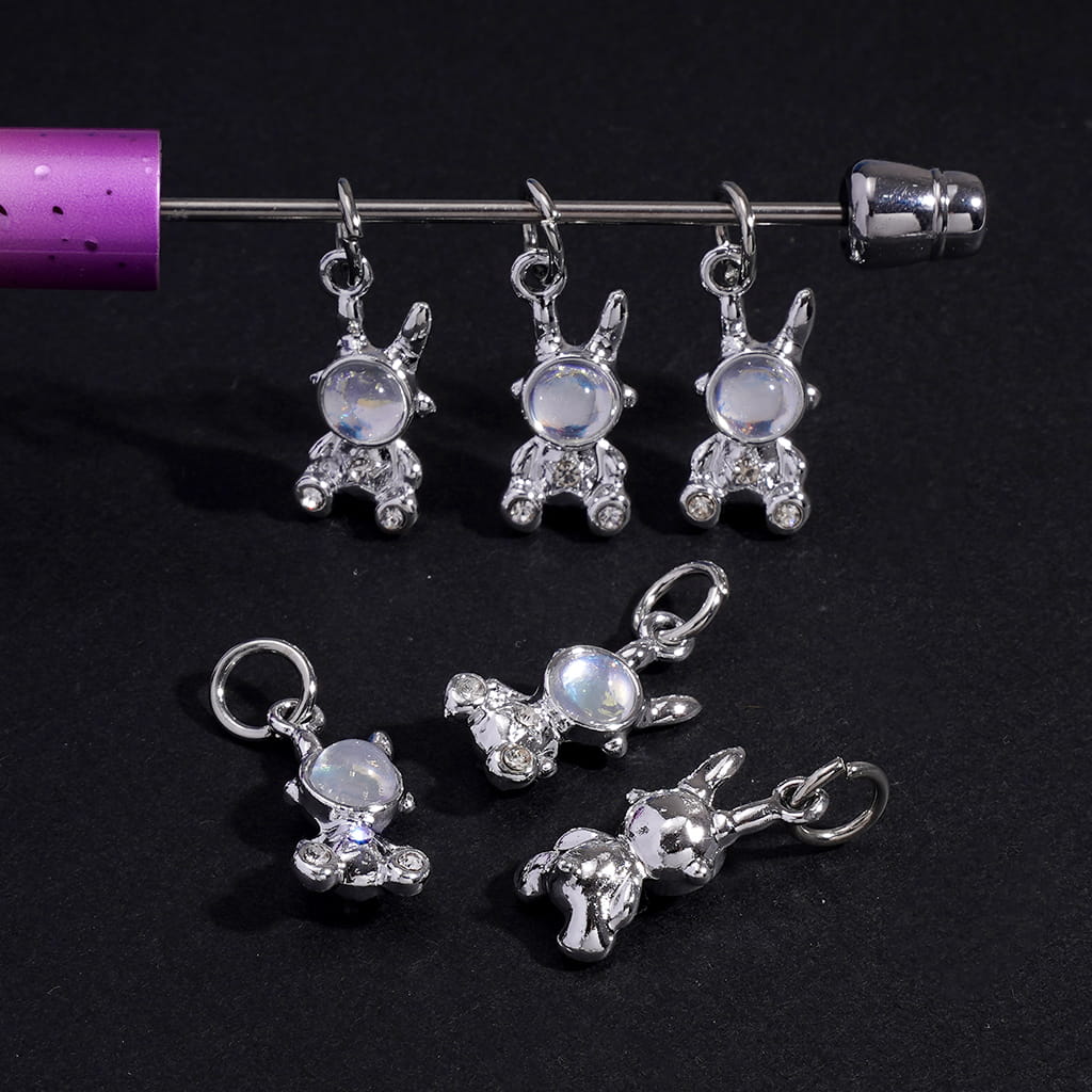 Bunny Shaped Astronaut with Clear Rhinestone Jewelry Accessories, Alloy Bail Beads Charm Pendants Big Hole Beads, Random Mix