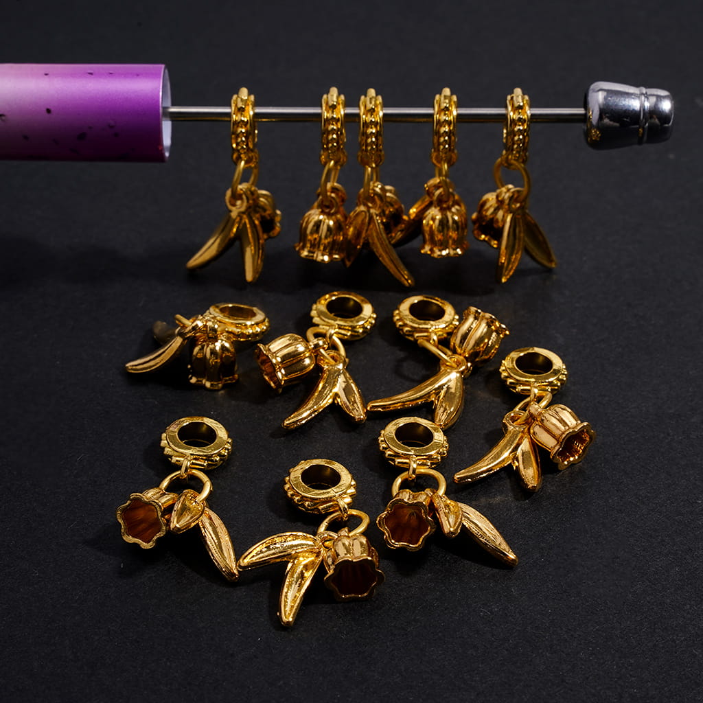 Gold Metal Bail Loop Beads with Chinese Bellflower & Leaf Charm Pendants
