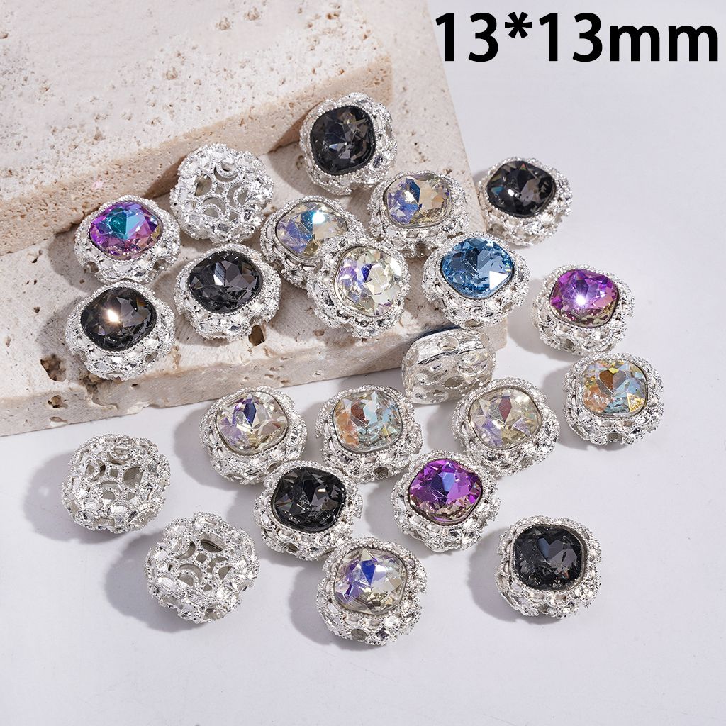 Silver Color Metal Square Beads w Curved Square Rhinestone, Hollowed Geometric Texture on Back, 13*13MM, Random Mix (Can't Used for Pen)