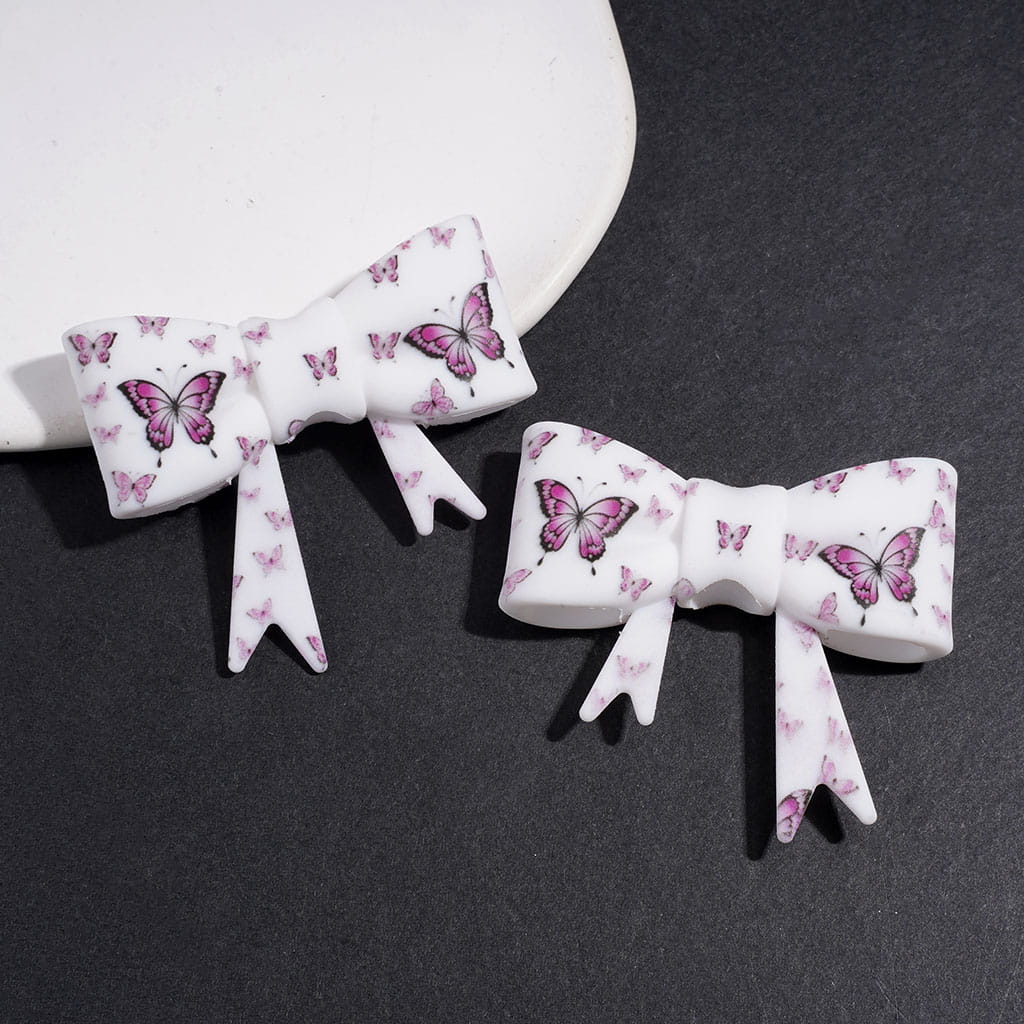 UV-Printed Silicone Focal Beads Soft Bowtie with Rose Purple Butterfly Pattern, 53*59MM