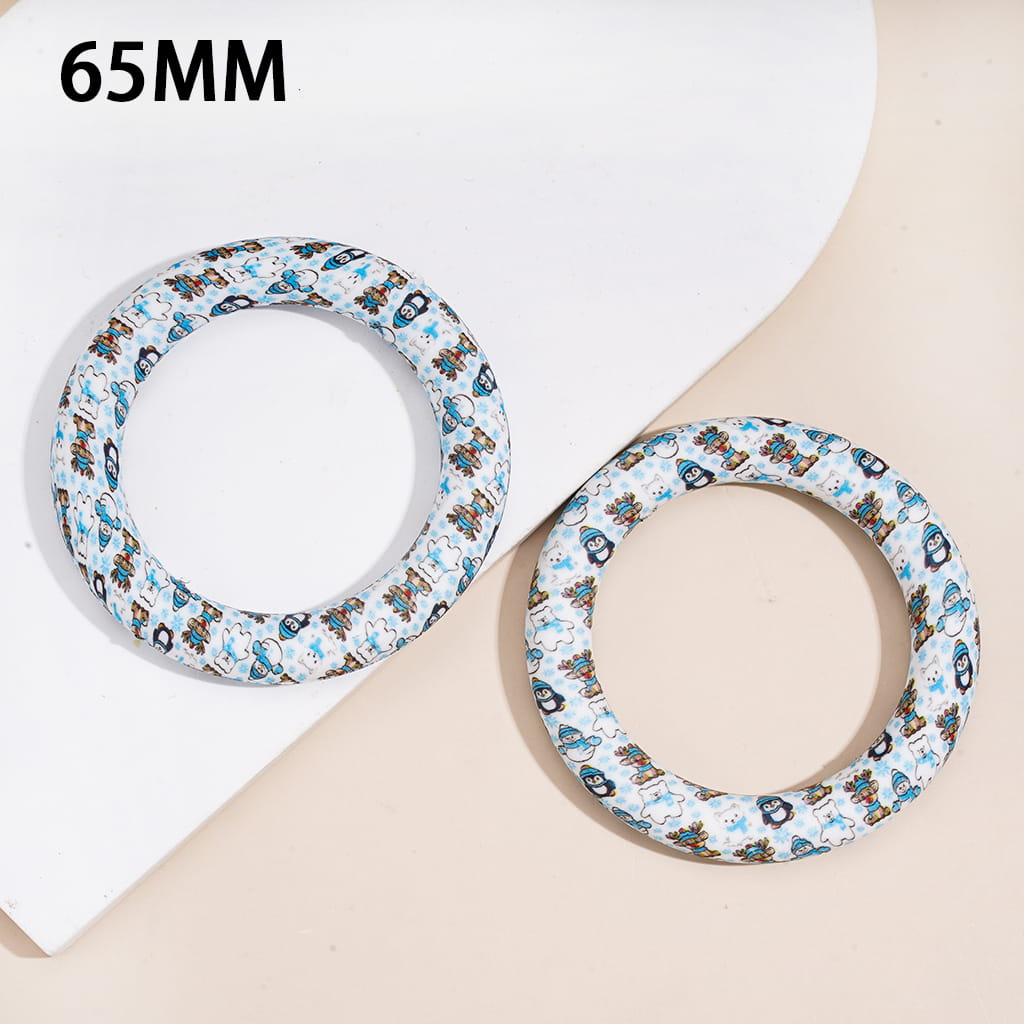 Silicone Focal Beads Round Ring with Christmas Reindeer Fox Snowman Penguin Snowflake, 65MM