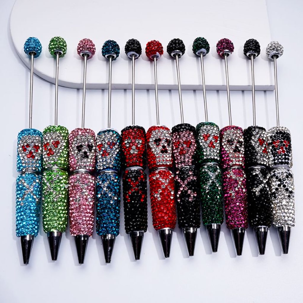 Skull Head Design Horror Skeleton Beadable Clay Pens with Colorful Rhinestones Covered the Entire Pen