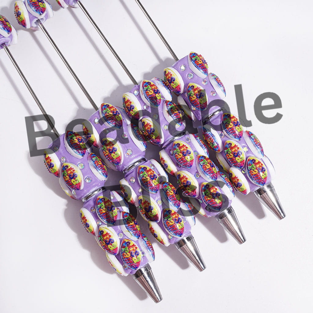 AB Rhinestones and American Football Shape with Colorful Text "Li.. Fr..." Beadable Clay Pens, Purple Pen Base
