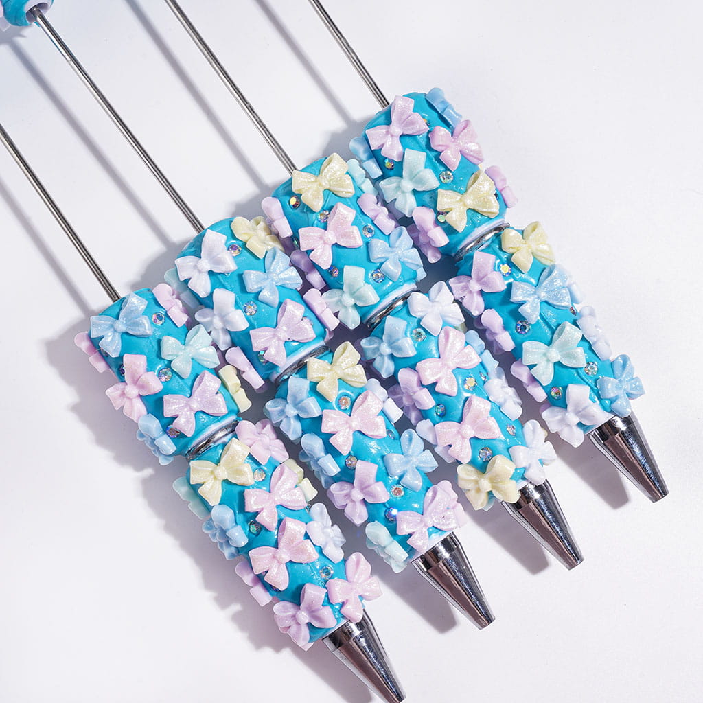 Glitter Bowknot Design with Sparkling AB Rhinestones on Blue Background Beadable Clay Pens
