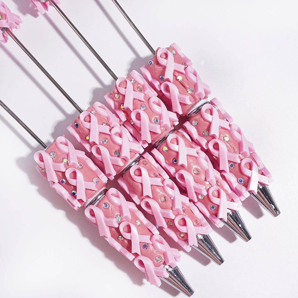 Pink Awareness Ribbon Design with Sparkling AB Rhinestones Beadable Clay Pens