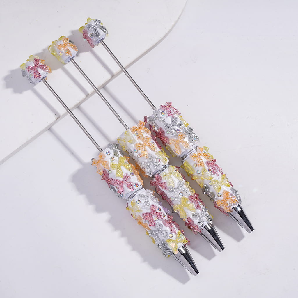 Beadable Clay Pens with Glittery Bowknots and Mini AB Rhinestones