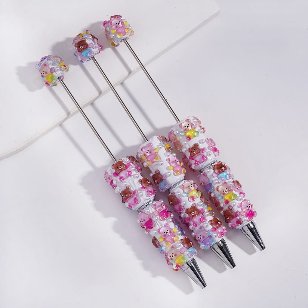 Cute Shiny White Bear Design & Pearl Gloss Finish Beadable Clay Pen
