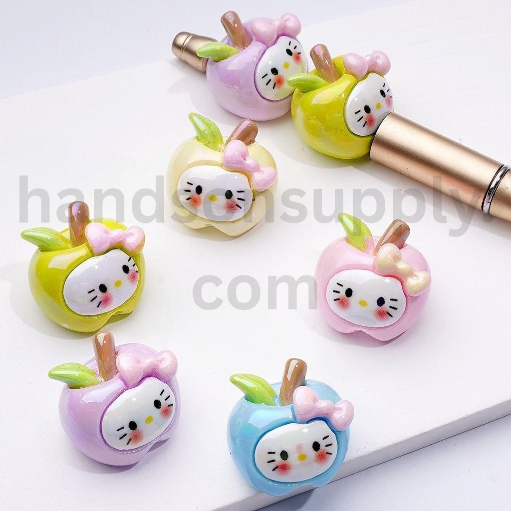 Cute Cat Character Apple Acrylic Beads with UV Coating, Around 24*25MM, Random Mix
