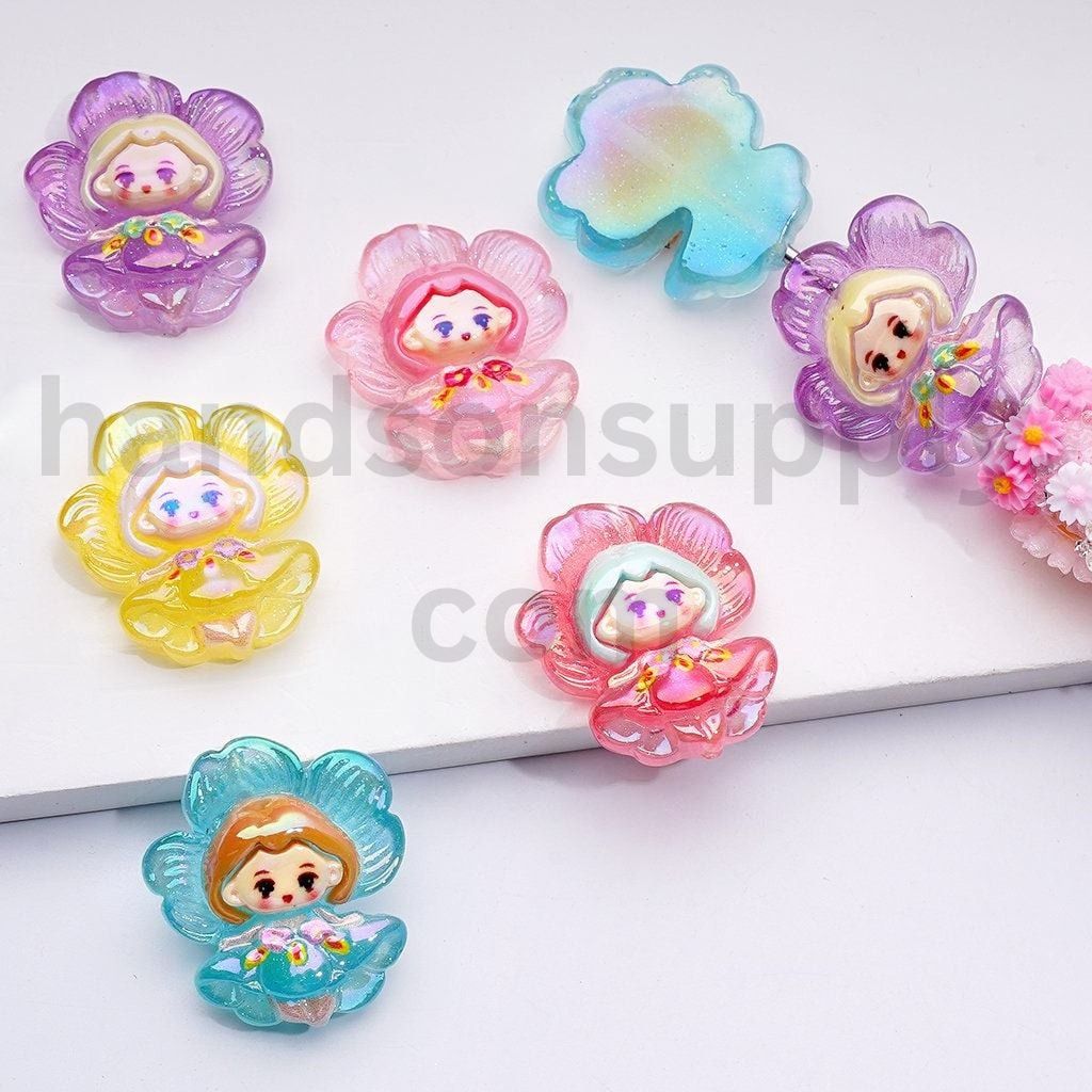 Cute Girl with Big Flower Design Glossy Acrylic Beads Around 24*28MM, Random Mix