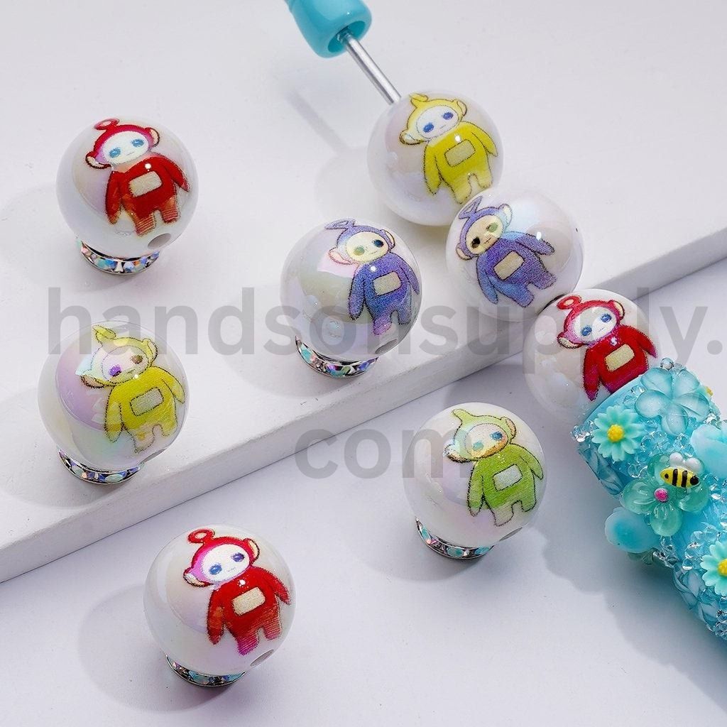 Glossy Teletubbies Cartoon Round Design Acrylic Beads 16MM, Random Mix