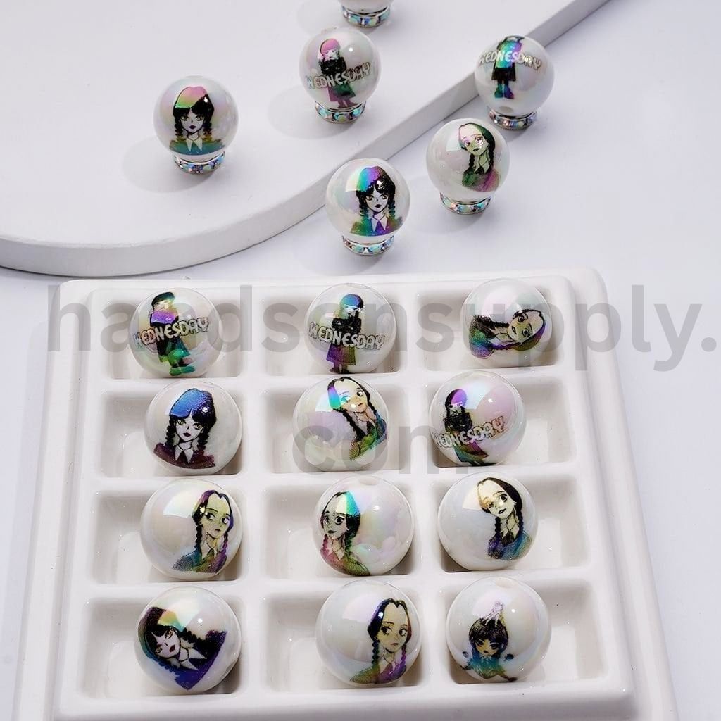 Wednesday Horror Comedy Series Round Design Glossy Acrylic Beads 16MM, Random Mix