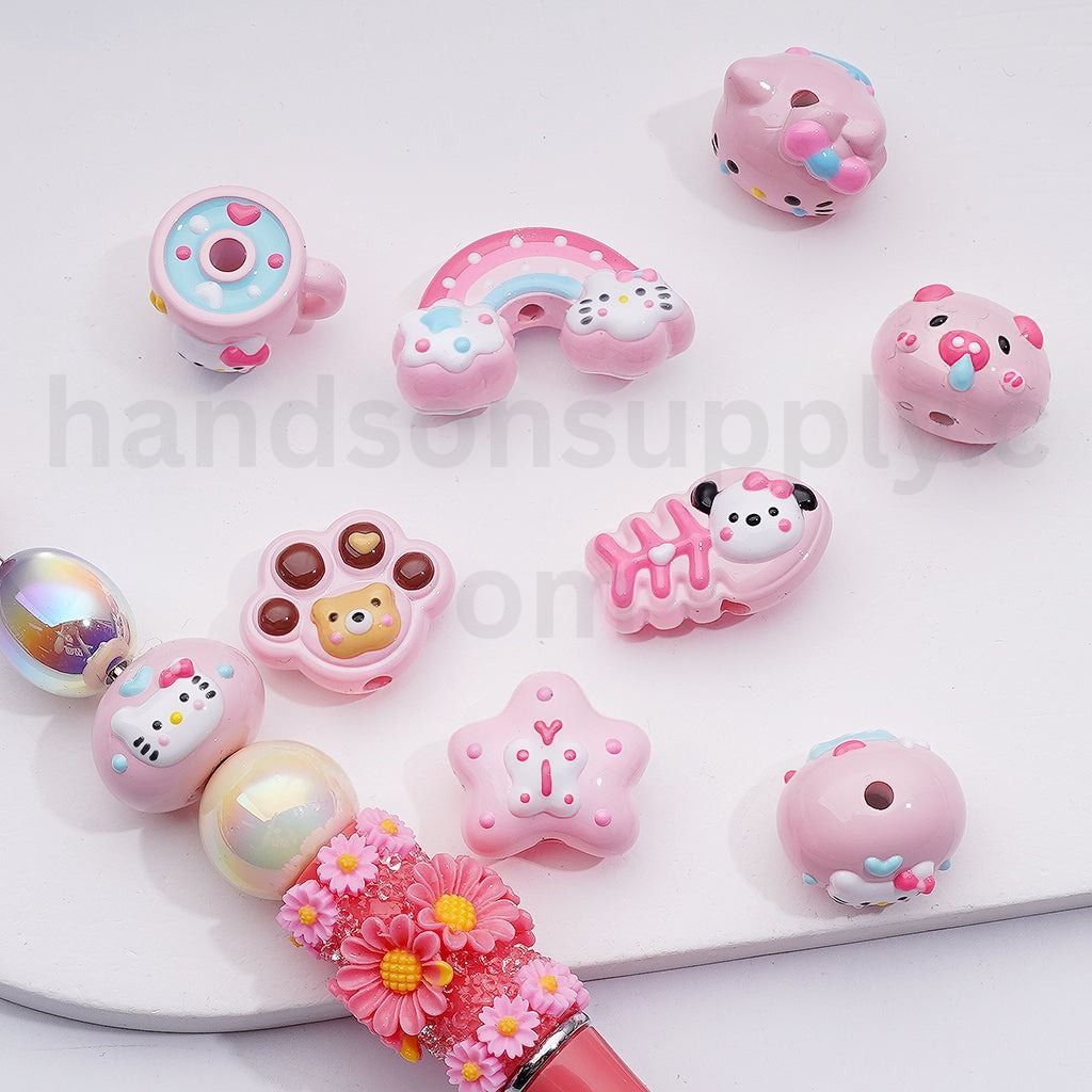 Pink Cute Cat Character Pip Cup Star Fish Bone Rainbow Hand Painted Acrylic Beads Mix