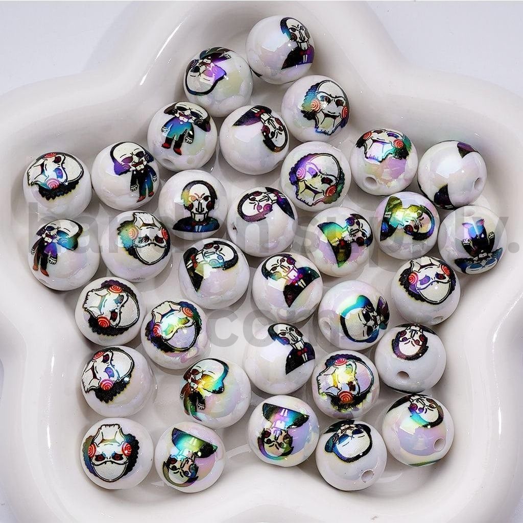 Spooky Inspired UV Coated Acrylic Beads Crooked Mask Theme, 16MM Random Mix