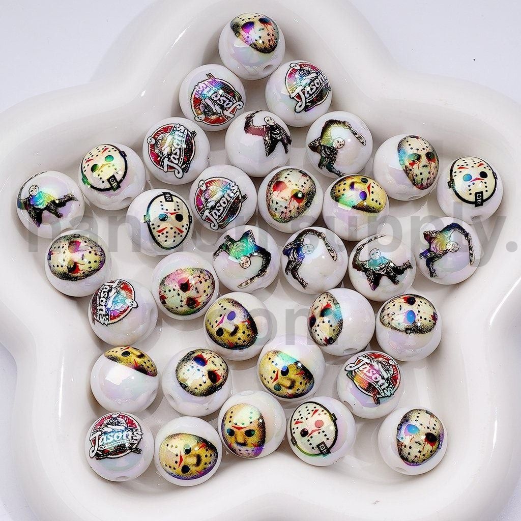 UV Horror Mask Inspired by Jason Voorhees Acrylic Beads, 16MM, Random Mix