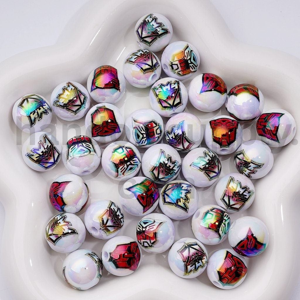 UV Coating White Round Acrylic Beads Movie-Inspired Transformer Design 16MM, Random Mix