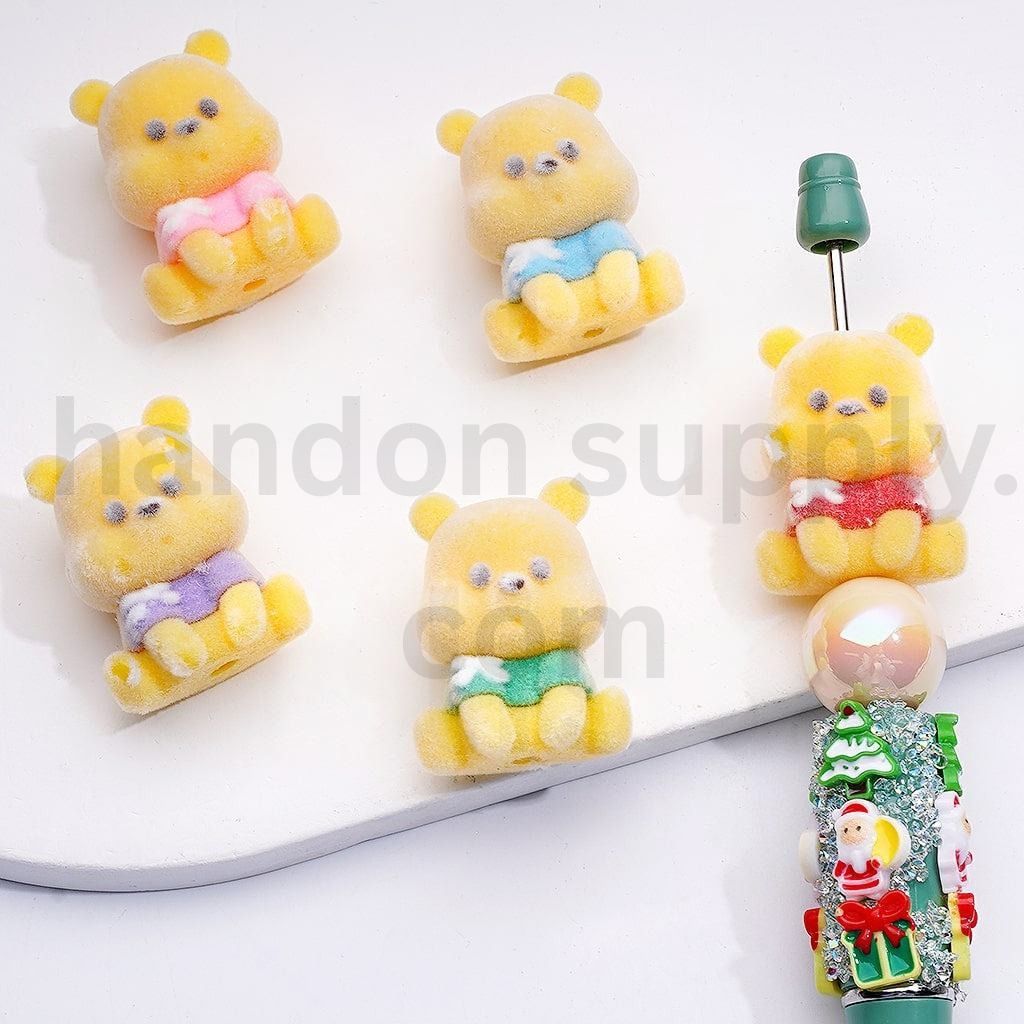 Cute Yellow Bear Design Flocked Acrylic Beads, 22×30MM, Random Mix