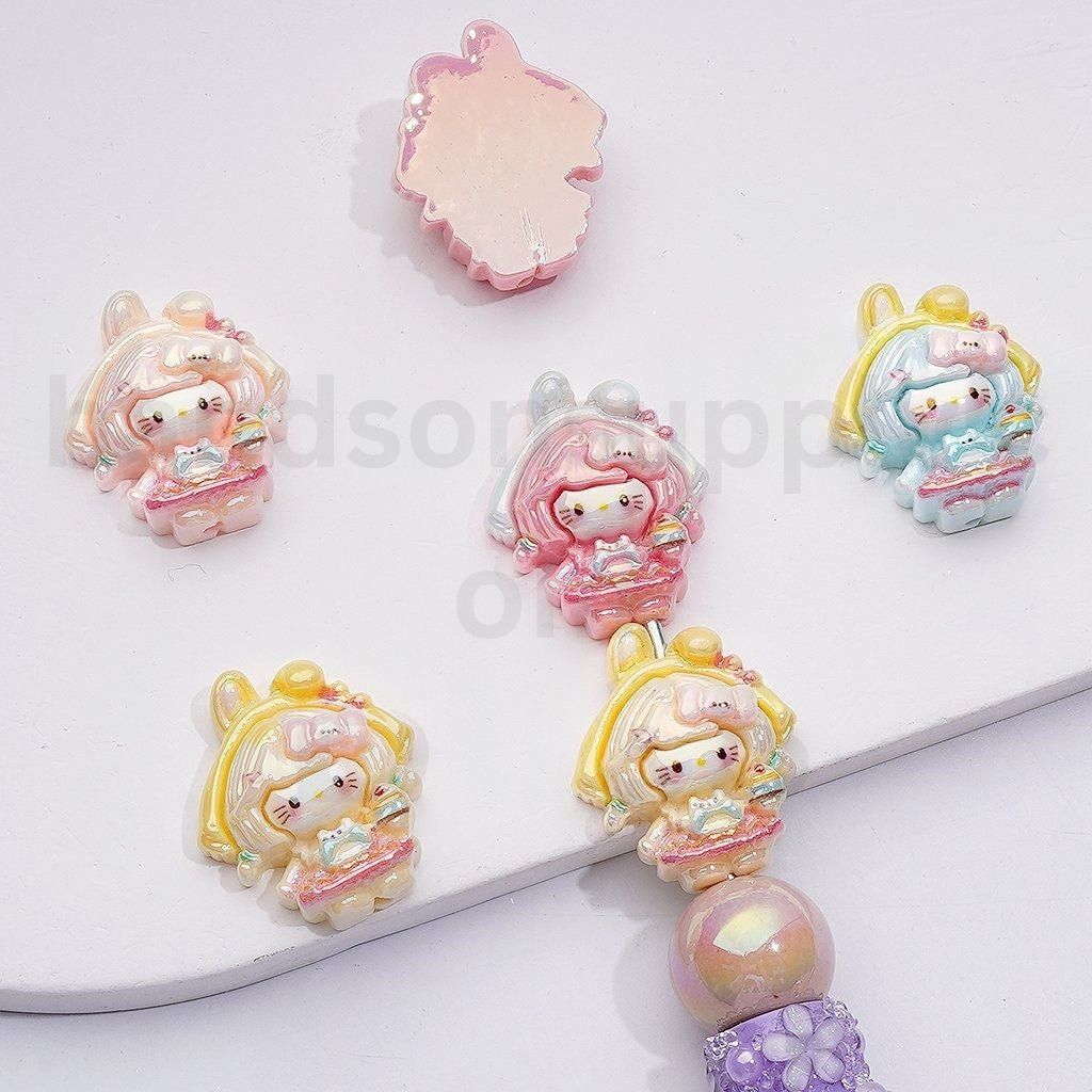 Cute Girl with Cute Cat Character Face UV Coating Acrylic Beads, 27*23MM, Random Mix