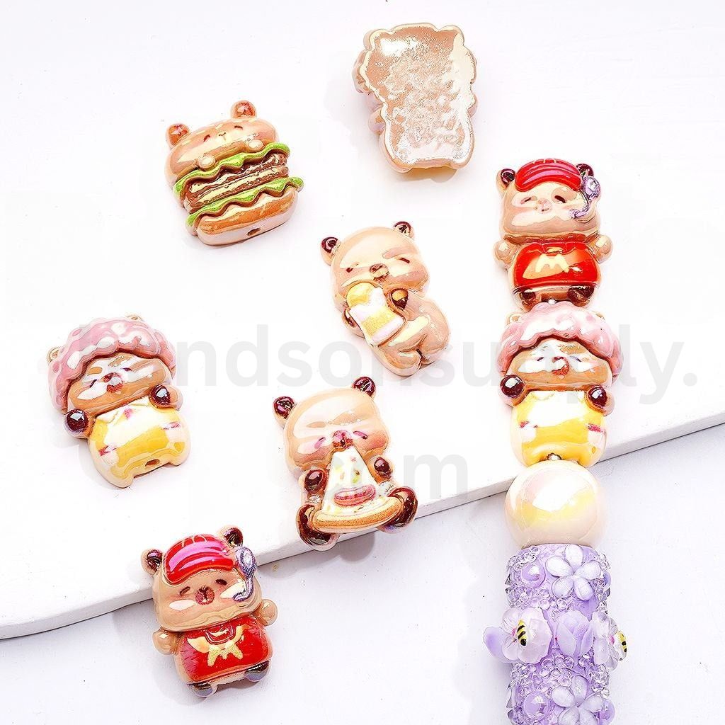 UV Coated Capybara Holding Burger Acrylic Beads 25*20MM Fun Random Assortment