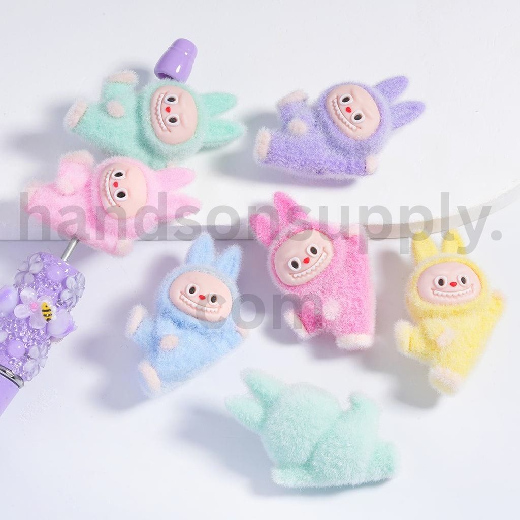 Flocked Monster Doll Lying on Side Side Solid Color Acrylic Beads 27*40MM, Random Mix